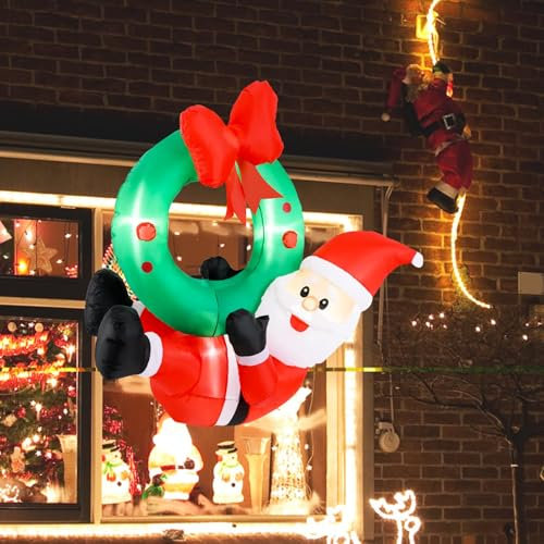 SOARS Aufblasbarer Weihnachtsmann mit Weihnachtskranz, Wetterfeste Weihnachtsdeko mit 5 LED-Lichtern, Weihnachtskranz Tür, Fenster, Aussen, Innen, 120 x 50 x 120 cm