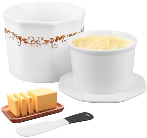 Beurrier Français En Porcelaine Avec Couvercle Et Refroidissement A L'eau,Incluant Un Couteau Pour Un Beurre Frais Et Tartinable,Pour Le Beurre De Noël,Fraîchement Aromatisé(Blanc)
