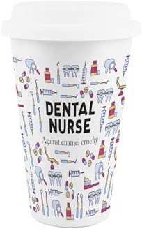 Purely Home Dental Nurse Ceramic Travel Mug - Teeth Themed Novelty Gifts - Reusable Silicone Lid Double-Walled Insulated Drinks Flask Cup