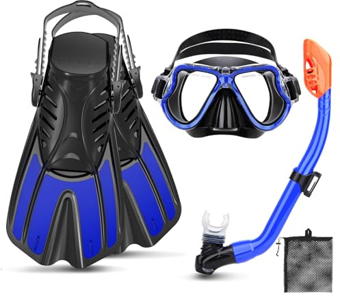 CTSAYTL Snorklingsutrustning för barn, 4-i-1 barnmaskfenor snorkelset med panoramautsikt anti-dimmask, torr topp snorkel, vandringsfenor och resväska, barnsnorkelset för ungdomar tonåringar junior