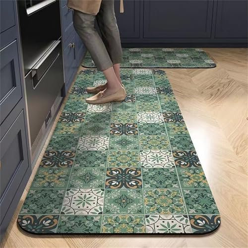 Highdi Tapis Cuisine Antidérapant Géométrie, Absorbant Tapis Cuisine, Diatomite Tapis Cuisine Devant Evier,Lavable Tapis de Cuisine,pour Salon Salle de Bain Tapis Couloir (Vert Européen,60x120cm)