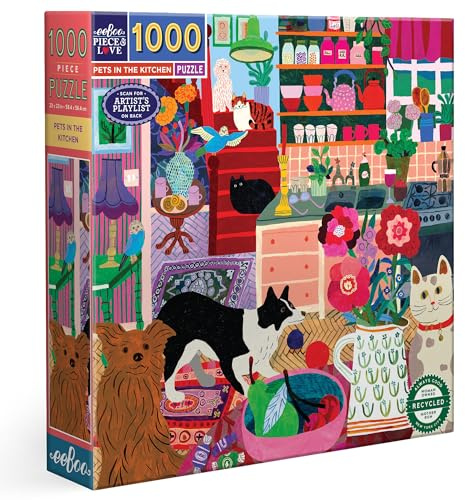 eeBoo Piece & Love: Pets in The Kitchen - 1000 Piece Puzzle - Adult Square Jigsaw, 23x23, Includes Image Reference Insert, Glossy Pieces