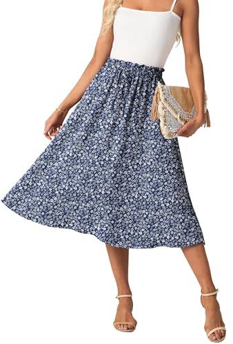 GRECERELLE Jupe midi d'été pour femme avec poches et taille élastique | Palazzo Jupe bohème fluide et décontractée, taille élastique avec cordon de serrage, ceinture à nouer réglable