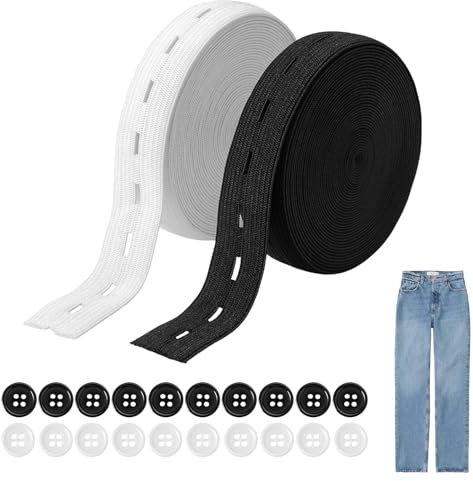 16M Gummiband mit Knopfösen, Gummibänder mit Knopfloch, Gummiband Hose mit Knopfloch 15 mm für DIY Nähen, Hosen, Röcke, Stirnbänder, 20 Knöpfe Schwarz und Weiß, für Taillenanpassung