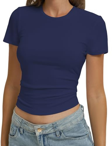 OYIGELZ Women's Basic T-Shirt Short Sleeve Crop Top Y2K Slim Fit Tops Casual Tee Shirts Streetwear(Navy Blue-T1,L)