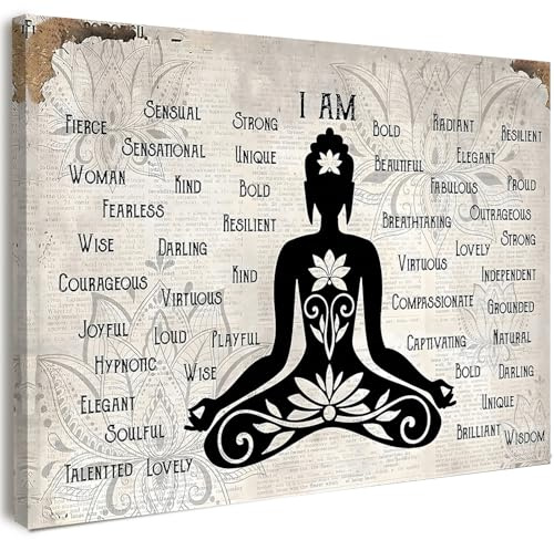 Qiukoo Framed Zen Wall Art – Buddha Statue Canvas with Positive Affirmations for Living Room, Bedroom & Garden Buddha Décor – Buddha Wall Art with Frame, Hanging Hooks & No-Trace Nails – 12×16 in
