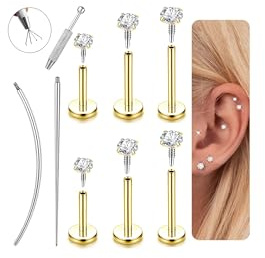 Habselikob 18G/16G Helix Piercing Chirurgenstahl–Gold/Silber Innengewinde Tragus Conch Labret Piercing Hypoallergen Knorpel Ohrringe Nasenpiercing Stecker Piercing Ohr für Frauen und Männer