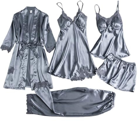 Conjunto de Pijamas para Mujer de Seda Satén con Encaje 5 Piezas Bata Camisón Top Pantalones Largos y Cortos Suave Fluida Elegante y Sedosa