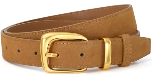VONMELLI Ledergürtel Damen Vintage Wildleder Verstellbare Taillegürtel für Kleider Jeans Anzug mit Modische Goldschnalle Gürtel Braun Passt Taillengröße 66-77cm