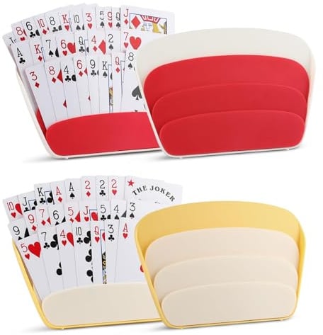 4 Stück Kartenhalter Kinder, Wiederverwendbarer Kunststoff Kartenhalter Spielkarten mit 3 Schichten, Sicherer Halt Freisprech Kartenhalter für Senioren Kinder,Kartenständer für Kartenspiele (Rot Gelb)