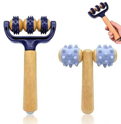 Feegela Rouleau de Massage avec Poignée, 2 Pièces, PVC et Bois | Set de Rouleaux Dos et Jambe, Massage Musculaire, Détente Profonde, Domicile, Bureau ou Voyage
