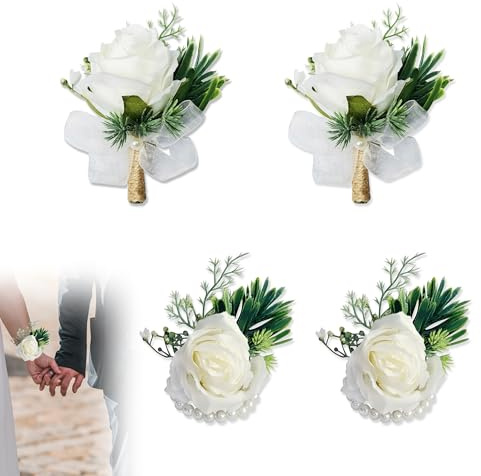 JNYUTEEN 4 Stück Handgelenk Boutonniere Hochzeit, Weiße Ansteckblume Bräutigam Braut und Handgelenk Blume, Boutonniere Ansteckblume Corsage für Hochzeit Abschlussball Party