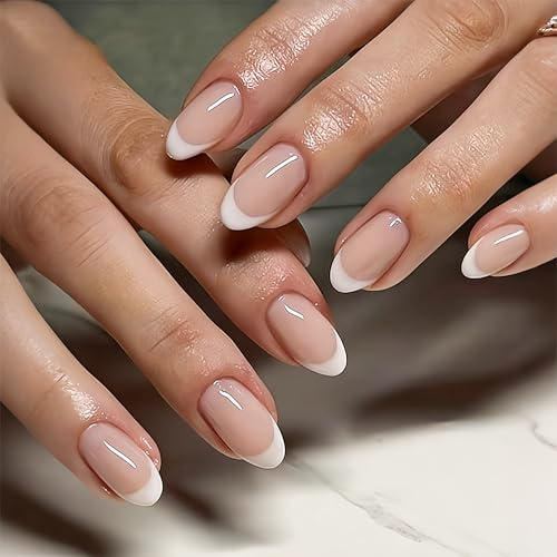 Dermalyx Press On Nails Almendra French, Uñas Nude Blancas, Uñas Artificiales, Uñas Adhesivas, Set De Uñas Postizas, Uñas De Gel Adhesivas, Diseño De Uñas Para Verano