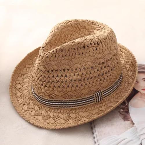 UDYSNGWMC Sonnenhut Strohhut Hut Damen Strand Frauen Sonnenhut Männer Jazz Strohhut Casual Panama Kappe Männliche Mode Weibliche Hüte Für Frauen Visier Kappe 58Cm Khaki