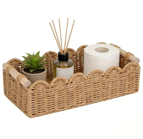 Aufbewahrungskorb geflochten aus Papierseil mit gewelltem Rand, Toilettenpapier Korb Badezimmer Aufbewahrungskörbe mit Holzgriffen, Flechtkorb Körbchen für Regal Wohnzimmer Schlafzimmer, 35,5x16x10 cm