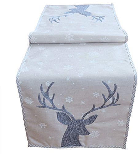 Tischläufer 40 x 140 cm hellgrau grau weiß eisblau Stickerei Hirsch Weihnachten Weihnachtsdeko Weihnachtstischdecke Mitteldecke Tischdeko Tischdecke