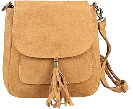 Made in Italy Damen Leder Tasche Messenger Bag Henkeltasche Wildleder Handtasche Umhängetasche Ledertasche Schultertasche Beuteltasche Fransen Cross-Over Cognac