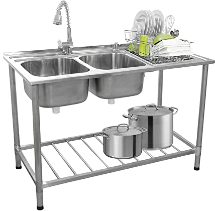 Catering Sink Commercial Stainless Steel Double Bowl Unit And Tap Right Hand Drainer Kitchen Restaurant Storage Shelf