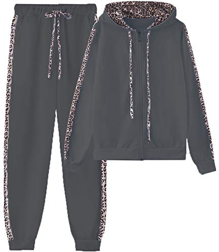amropi Traingsanzug Damen Jogginganzug Leopard Kapuzenpullover Lange Ärmel Top + Hose Sportanzug 2 Stück (Schwarz,XL)