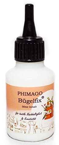 PHIMAGO Bügelfix ® 1 x 50 ml de polvo de costura o pegamento textil en polvo incluye esparcidor de precisión – polvo de parche (efecto adhesivo directo después del planchado)