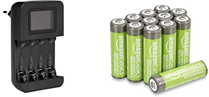 AmazonBasics Batterie AA ricaricabili, ad alta capacità, 2400 mAh (confezione da 12), pre-caricate & Caricabatteria digitale intelligente, per 4 batterie AA, AAA