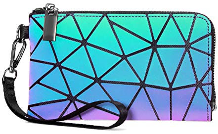 Yumira Mode Femmes Portefeuille Géométrique Long Portefeuille Lumineux Holographique Réfléchissant Carte Téléphone Porte-chéquier PU Grille en Cuir Fermeture éclair Portefeuille, Holographique