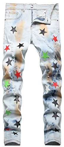 Baylvn Men's Designer Straight Slim Fit Patchwork Jeans Comfort Skinny Biker Denim Pants, E Light Blue, 38