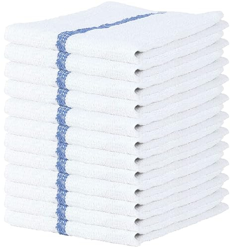 SOFT TEXTILES 12 Pack of Bar Mop Towels - 16x19 Inches, 100% Cotton, Super Absorbent, Blue Stripe