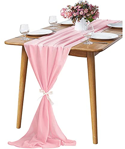 KAMEUN Tischläufer Rosa 300x70CM, Chiffon Dekostoff Babyrosa, Table Runner Tischband für Hochzeit, Geburtstage, Kommunion Tischdeko