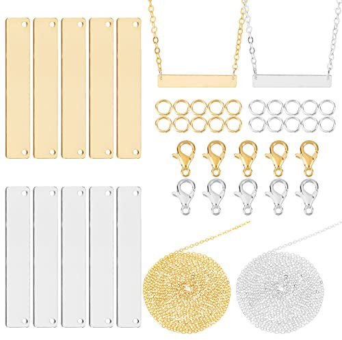 SUNNYCLUE 1 Box 40 Stück 2 n Stempelanhänger Bar Charms Rechteck Messing Blanko Stempel Tagging Metall Namensschild Charm Set Mit Biegeringen Karabinerhaken Ketten Für DIY Bastelbedarf