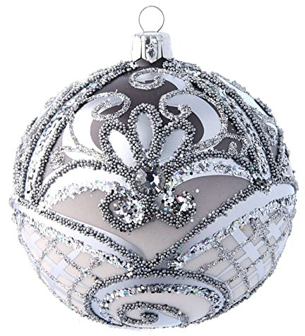 Holyart Weihnachtsbaumkugel aus mundgeblasenem Glas Grundton Silber mit weissen und silbernen Verzierungen 100 mm
