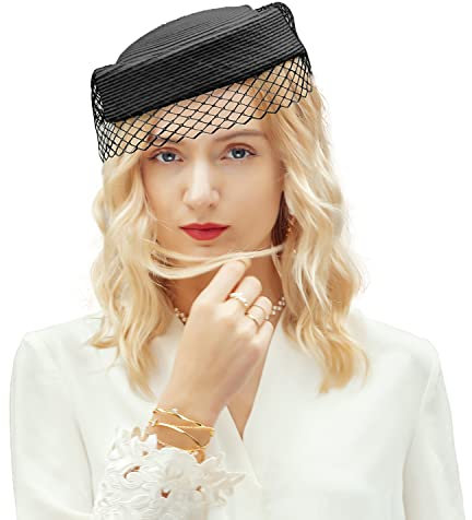 F FADVES Straw Fascinator Vintage Hat Bow Veil Pillbox for Wedding Tea Party 20s 50s Headwear, Black, M