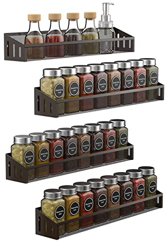 CLTYQ Spice Rack Wall Mount Herb Jar Holders for Kitchen Walls & Cupboard/Pantry/Cabinet Doors Free Standing Seasoning rack Hanging spice storage for Storage Bronze (4 Tier)