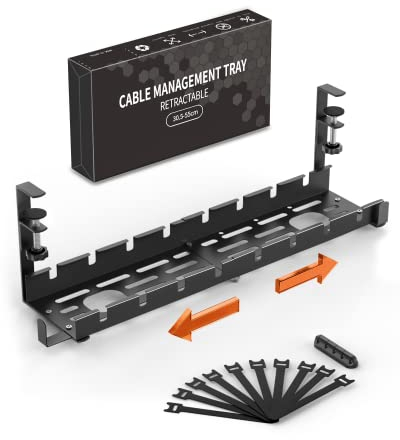 Bandeja de Gestión de Cables para Debajo del Escritorio, Retráctil de 12 a 21,6 Pulgadas, Organizador de Cables sin Taladros, Cesta de Bandeja de Cables de Metal con Soporte para Bridas para Oficina