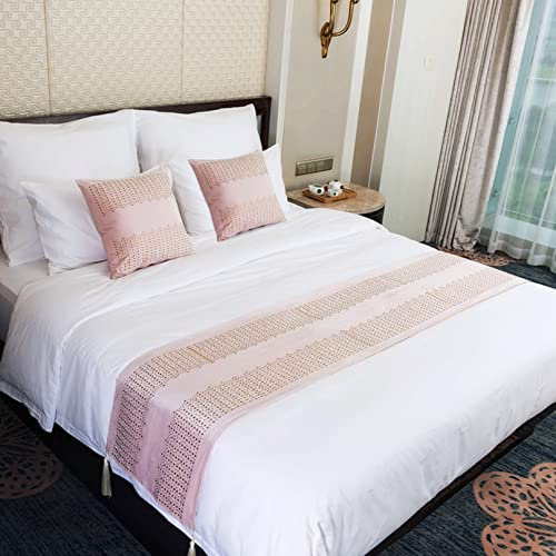 Chemin de lit rose pour pied de lit en dentelle dorée et diamant - Couvre-lit en velours doux - Protection pour hôtel - 45 x 180 cm