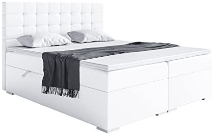 MEBLINI Boxspringbett mit Bettkasten - Gepolstert Doppelbett mit Matratze und Topper - Polsterbett mit Stauraum - Bett mit Kopfteil - Stauraumbett - Claudia - 180x200 - H3/Weiß Kunstleder