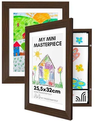 Americanflat Cadre Dessin Enfant à Changer A4 Noyer avec Passe-Partout et 25,5 x 32 cm sans Passe-Partout - Cadres avec Ouverture Frontale Pouvant Contenir 100 Pièces - Lot de 2