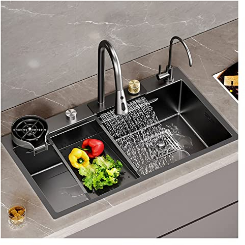 Fregadero Cocina Negro, Pila Lavadero Acero Inoxidable 304, fregadero de encimera, estación de lavado de manos, fregadero de cascada Nano Raindance, con grifo extraíble, para restaurante, garajes ( Co
