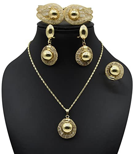LAYCHEN Afrikanischer Schmuck Gold Farbe Kristall Anhänger Halskette Ohrringe Ring Armband Set Nigerianische Hochzeit Brautschmuck Set Geschenk