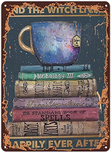 20 x 30 cm Aluminium-Schild Wandschild Bücher Poster – And The Witch Lived Happily Ever After, Hexenbücher Poster, Vintage-Metall-Blechschild für Männer und Frauen, Wanddekoration für Bars, Restauran