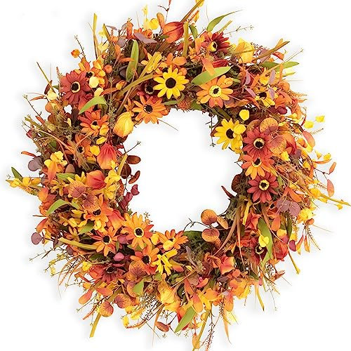 DIYFLORU 71,1 cm große Herbstkränze für Haustür, orangefarbener Herbstblumenkranz mit Sonnenblumen, Herbsttürkränze mit Gänseblümchen, Bauernhaus, Herbstkranz für Thanksgiving, Ernte im Freien und