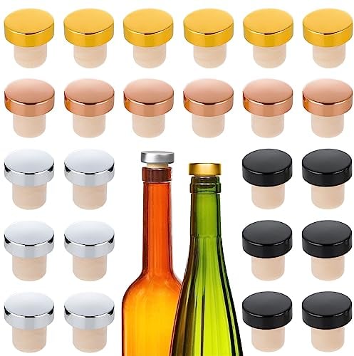 VZXQX Bouchons de Vin, 24 Pièces Bouchons de Bouteille de Vin en Verre Forme de T pour Boissons, Vin, Bière, Champagne, Bouchons en Liège Réutilisables (Or, Argent, Noir, Or Rose)