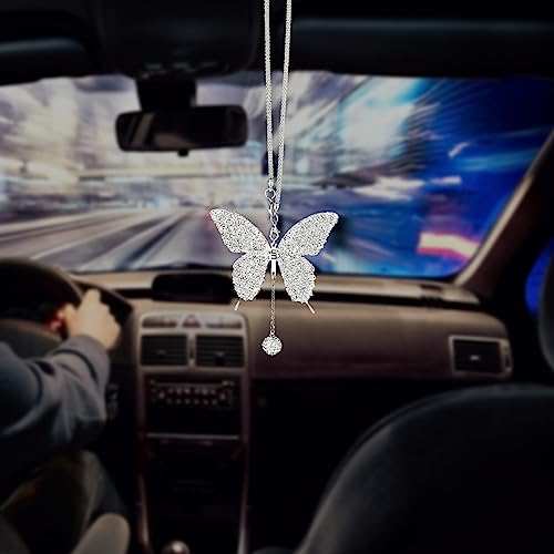 cobee Accessoires de voiture en forme de papillon, ornements de miroir d'intérieur de voiture de rétroviseur de voiture Décoration de en diamant à suspendre Joli pendentif porte-bonheur à suspendre