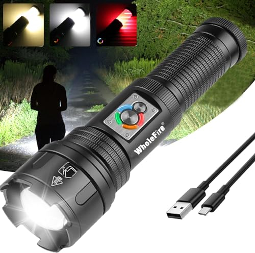 WholeFire LED Taschenlampe Aufladbar, Extrem Hell 100000 Lumen Taschenlampen Batteriebetrieben,IP65 Wasserdicht 10 Lichtmodi für Camping Wandern Notfälle (Mit 50000 mAh Akku)