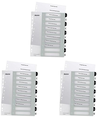Leitz Register für A4, PC-beschriftbares Deckblatt und 10 Trennblätter, Taben mit Zahlenaufdruck 1-10, Überbreite, Weiß/Schwarz, Polypropylen, WOW, 12150000 (Packung mit 3)