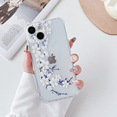 DEFBSC Compatible with iPhone 15 Case, Clear Floral Flower Pattern Print Design for Girls Women Flexible Shockproof Soft TPU Bumper Protective Flower Phone Case - White Pear Blossom