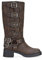 BOSANOVA Stivali alti stile biker realizzati con dettaglio ad anello metallico e fibbie decorative sulla canna e suola piatta con tacco leggero da 4,7 cm senza chiusura. Scarpe da donna, marrone, 39