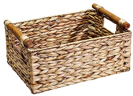 Iunipusy Panier de rangement en jacinthe d'eau naturelle, paniers rectangulaires avec poignées, panier de rangement pour étagères, cuisine et salle de bain, panier de rangement tressé fait à la main