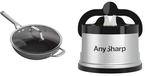 NINJA ZEROSTICK Premium Cookware 28cm Wok with Glass Lid, Long Lasting, Non-Stick & AnySharp Knife Sharpener, Hands-Free Safety, PowerGrip Suction, Safely Sharpens All Kitchen Knives