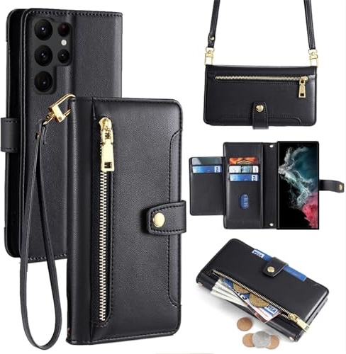 Handykette kompatibel mit Samsung Galaxy S22 Ultra | Leder Handyhülle mit Kartenfächern | Handyhülle zum Umhängen | Schwarz